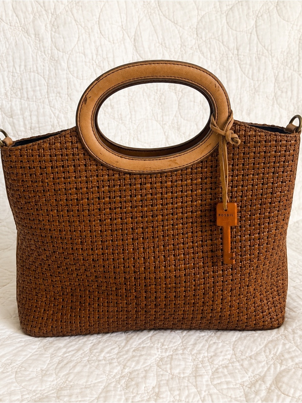 Fossil Woven Leather Tote Bag Brown Top Handle Satchel Crossbody Summer